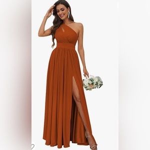 One Shoulder Pleated Dress Long Stretchy Satin Formal Party Dresses with Slit